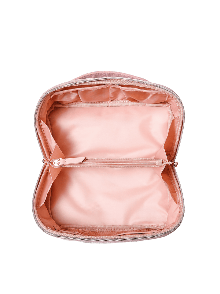 Poppy and Peonies Open and Glow Cosmetic Case Pink Velvet displayed fully open from above, showcasing its blush pink satin interior, spacious main compartment, and gold-tone zipper closure.