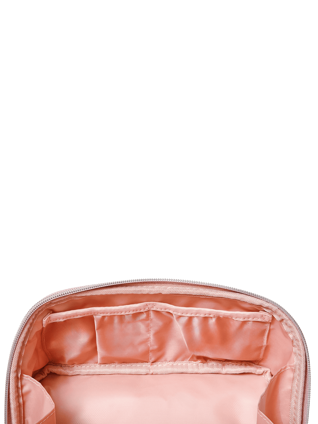 Poppy and Peonies Open and Glow Cosmetic Case Pink Velvet displayed partially open from above, revealing its blush pink satin interior with elastic storage pockets and organized compartments for beauty essentials.