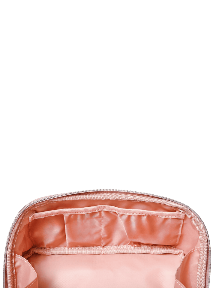 Poppy and Peonies Open and Glow Cosmetic Case Pink Velvet displayed partially open from above, revealing its blush pink satin interior with elastic storage pockets and organized compartments for beauty essentials.