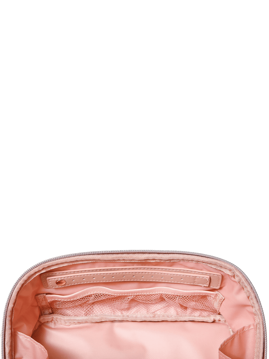 Poppy and Peonies Open and Glow Cosmetic Case Pink Velvet shown open from above, highlighting its blush pink satin lining, interior zippered compartment, and spacious storage sections.