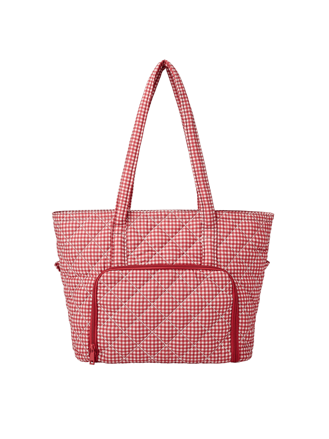 Poppy & Peonies Analog Tote in Heart Berry Gingham back view, featuring a large exterior zippered pocket and long shoulder straps.