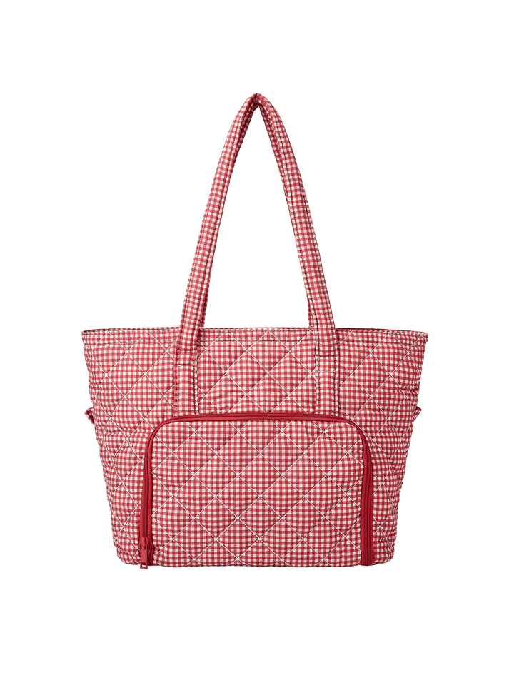 Poppy & Peonies Analog Tote in Heart Berry Gingham back view, featuring a large exterior zippered pocket and long shoulder straps.