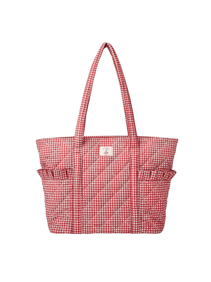 Poppy & Peonies Analog Tote in Heart Berry Gingham front view, featuring a red gingham exterior, long shoulder straps and ruffled side pockets.