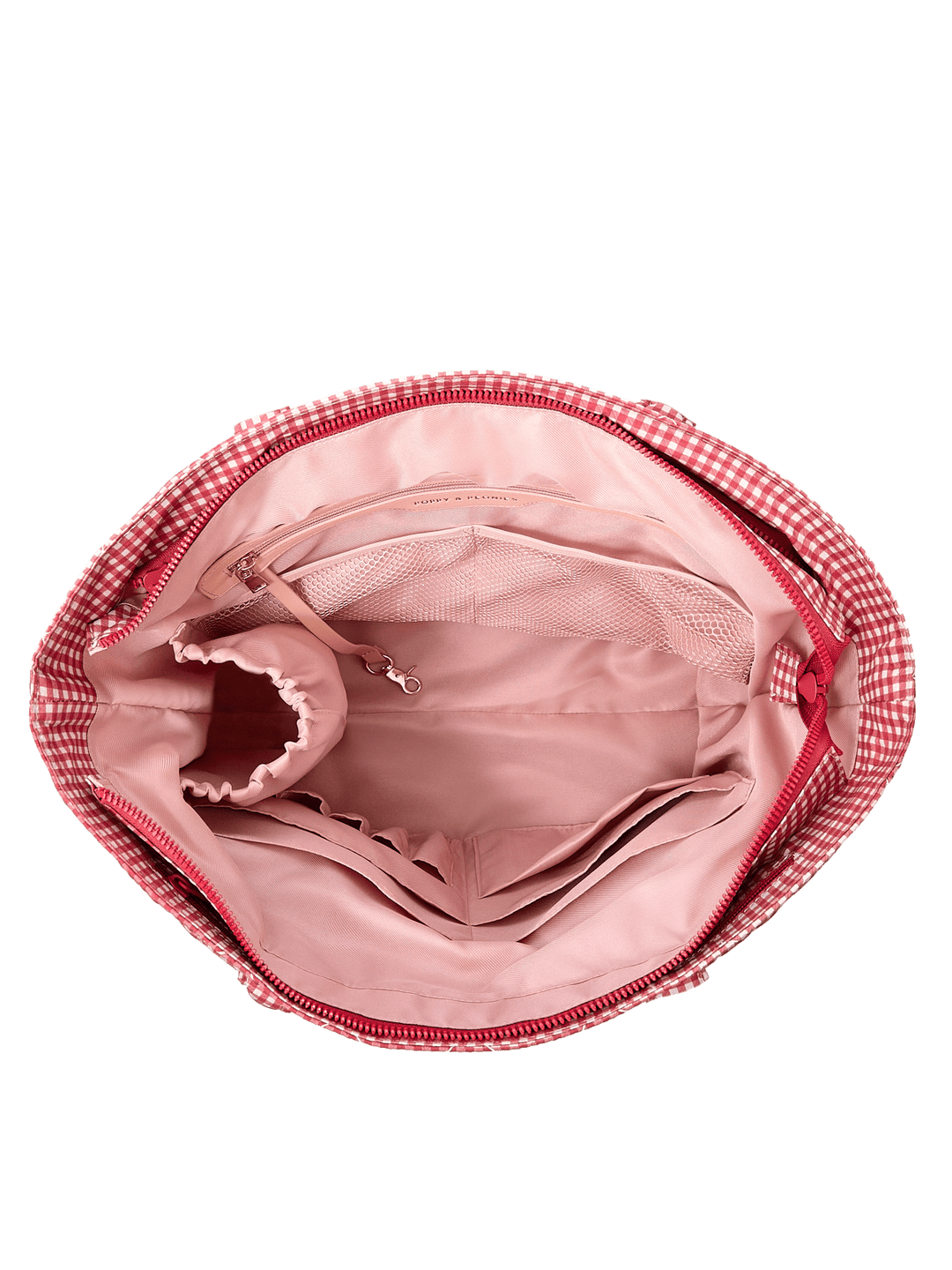Poppy & Peonies Analog Tote in Heart Berry Gingham open top view, showing the spacious blush-pink interior and organizational compartments.