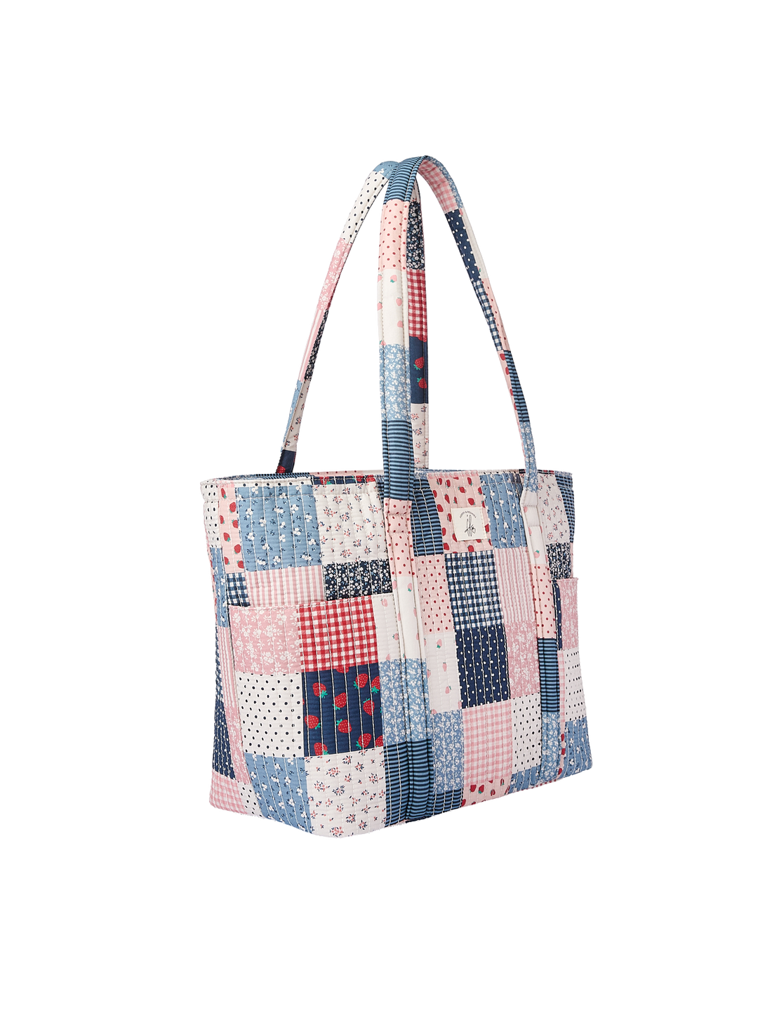 Poppy & Peonies Analog Tote Strawberry Patchwork angled side view, showing exterior side pockets and long shoulder straps.