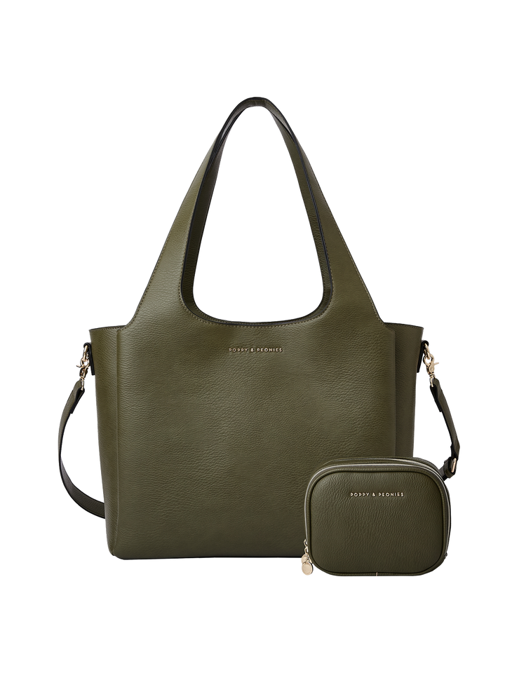 Poppy & Peonies The Companion Tote Bundle in Olive, featuring The Companion Tote with coordinating Pretty Connected Case, top handles and detachable shoulder strap.