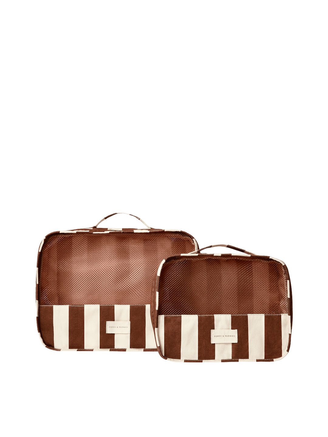 Two brown and white striped packing cubes
