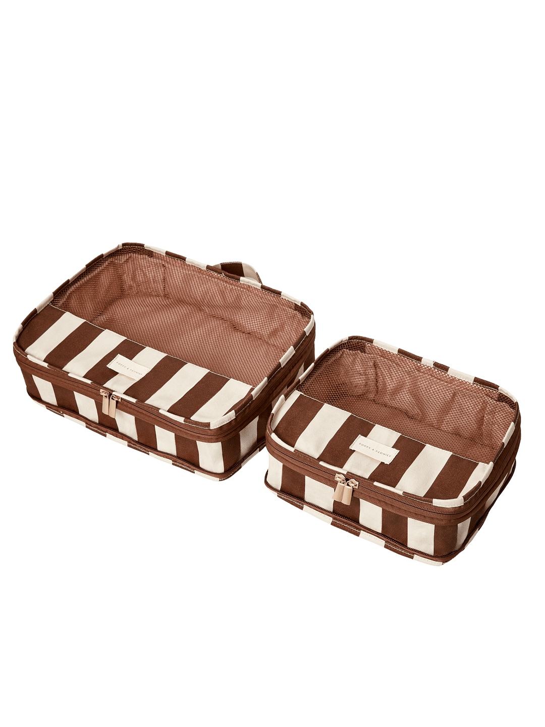Two brown and white striped packing cubes
