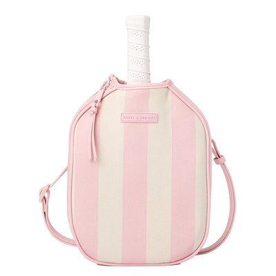 Front of a pink stripe Poppy and Peonies pickleball paddle holder 
