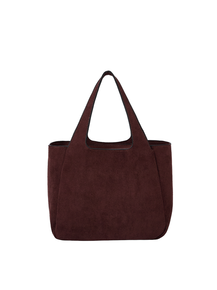 Poppy & Peonies The Pick Me Up Tote in Espresso Suede back view, featuring a structured silhouette and short top handles.