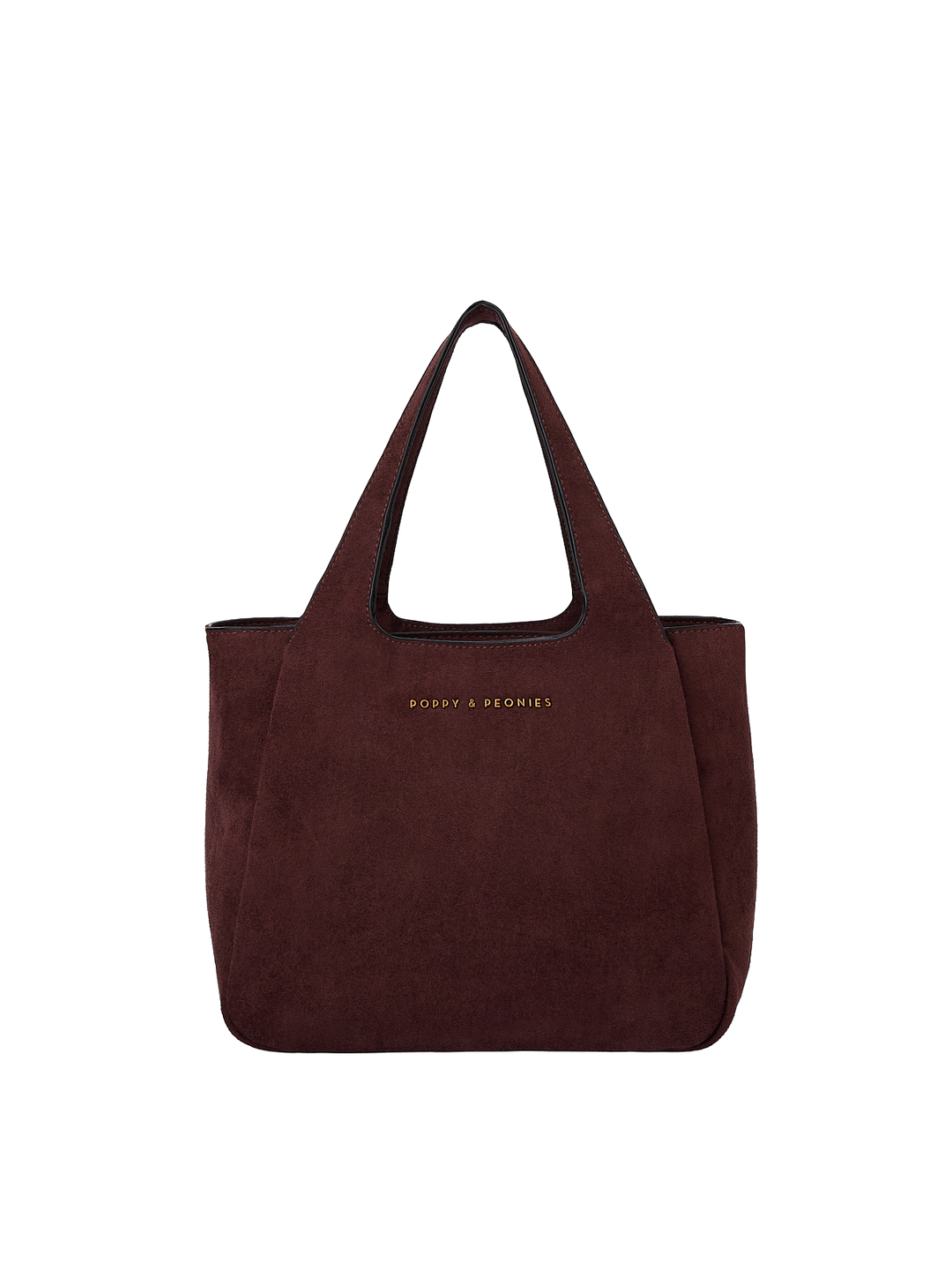 Poppy & Peonies The Pick Me Up Tote in Espresso Suede front view without the shoulder strap, showcasing its structured shape and top handles.
