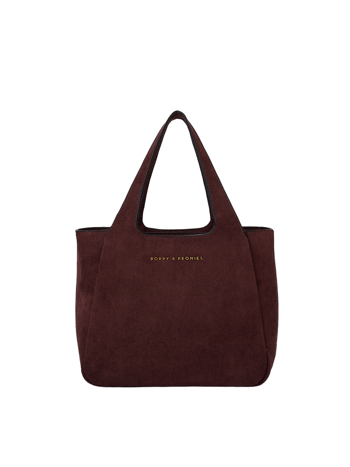 Poppy & Peonies The Pick Me Up Tote in Espresso Suede front view without the shoulder strap, showcasing its structured shape and top handles.