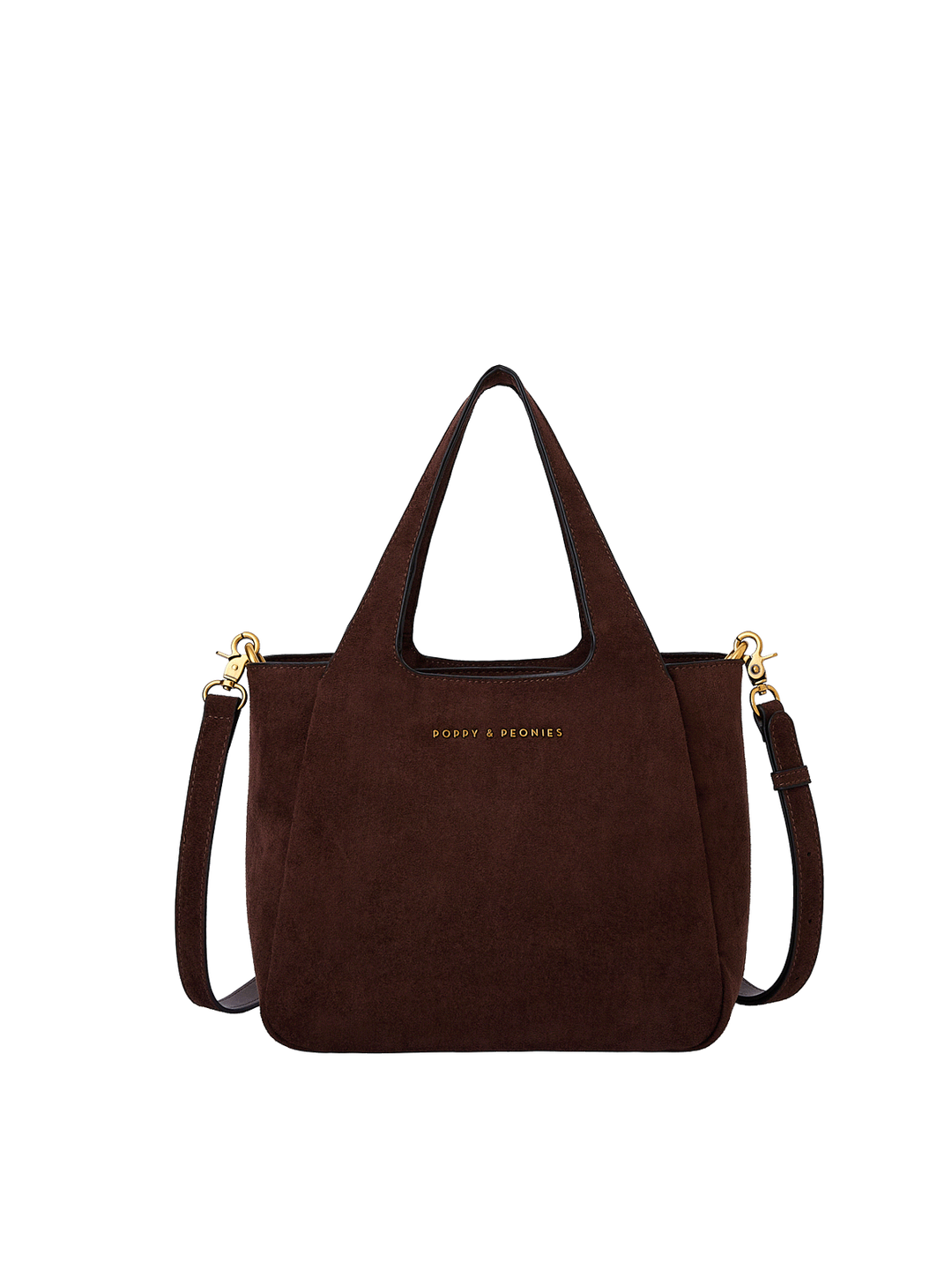 Poppy & Peonies The Pick Me Up Tote in Espresso Suede front view, featuring a structured silhouette, top handles, detachable shoulder strap and gold-tone hardware.