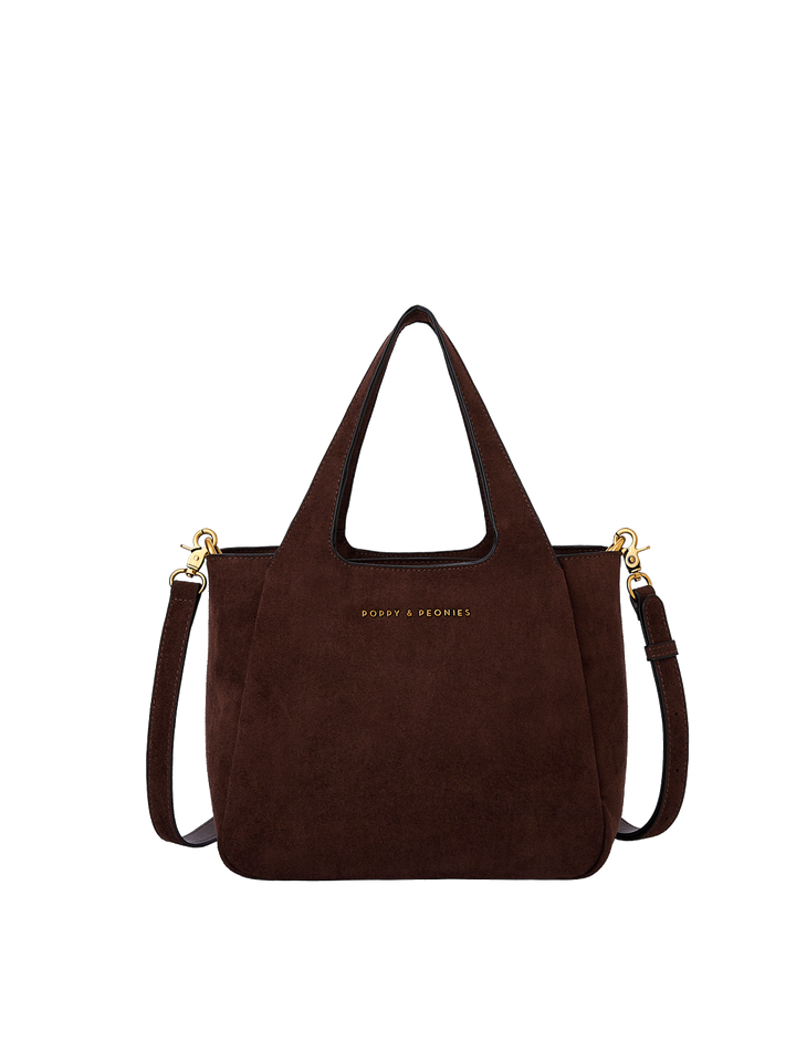 Poppy & Peonies The Pick Me Up Tote in Espresso Suede front view, featuring a structured silhouette, top handles, detachable shoulder strap and gold-tone hardware.