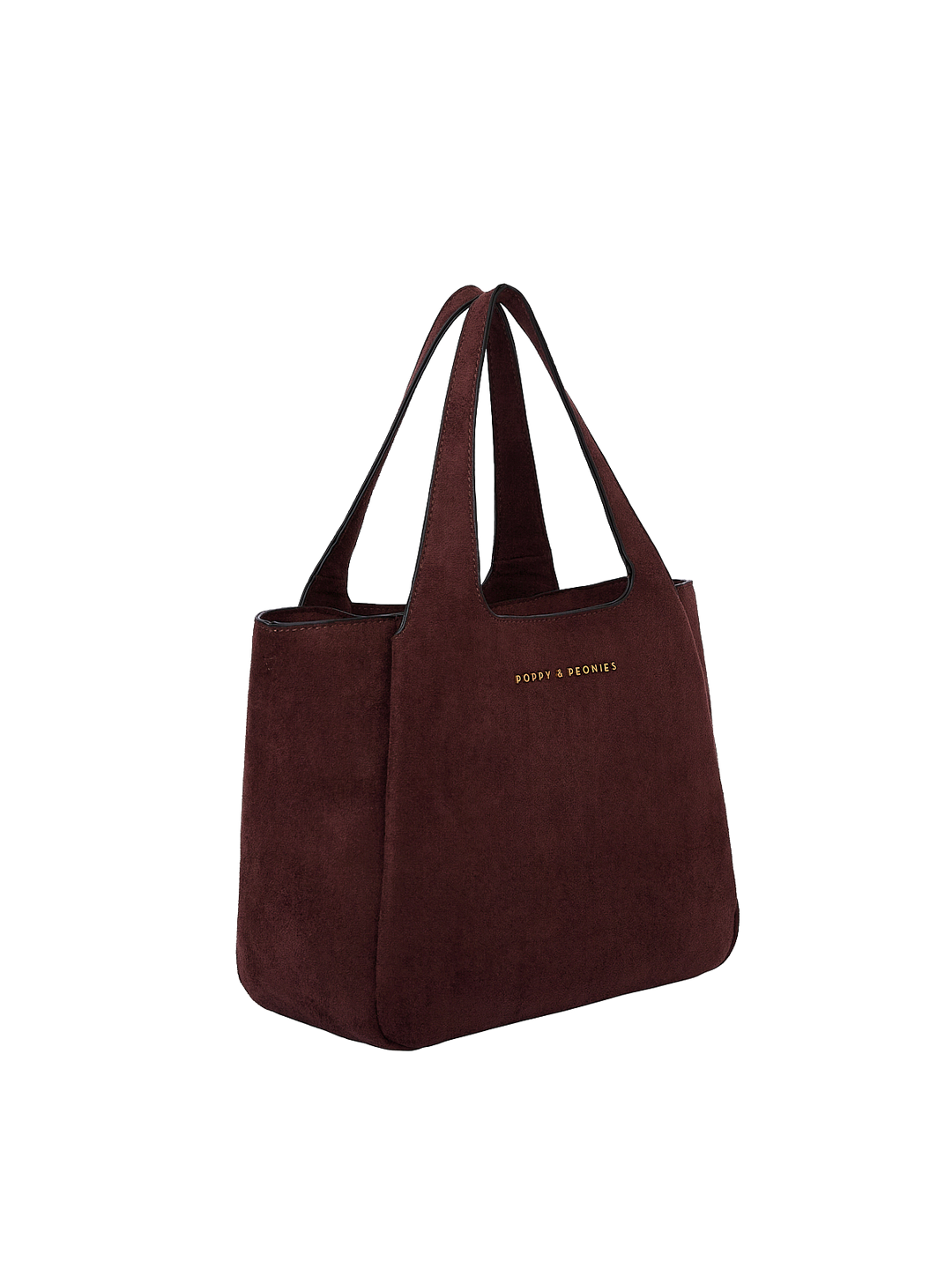 Poppy & Peonies The Pick Me Up Tote in Espresso Suede angled side view, highlighting the structured shape, roomy profile and top handles.