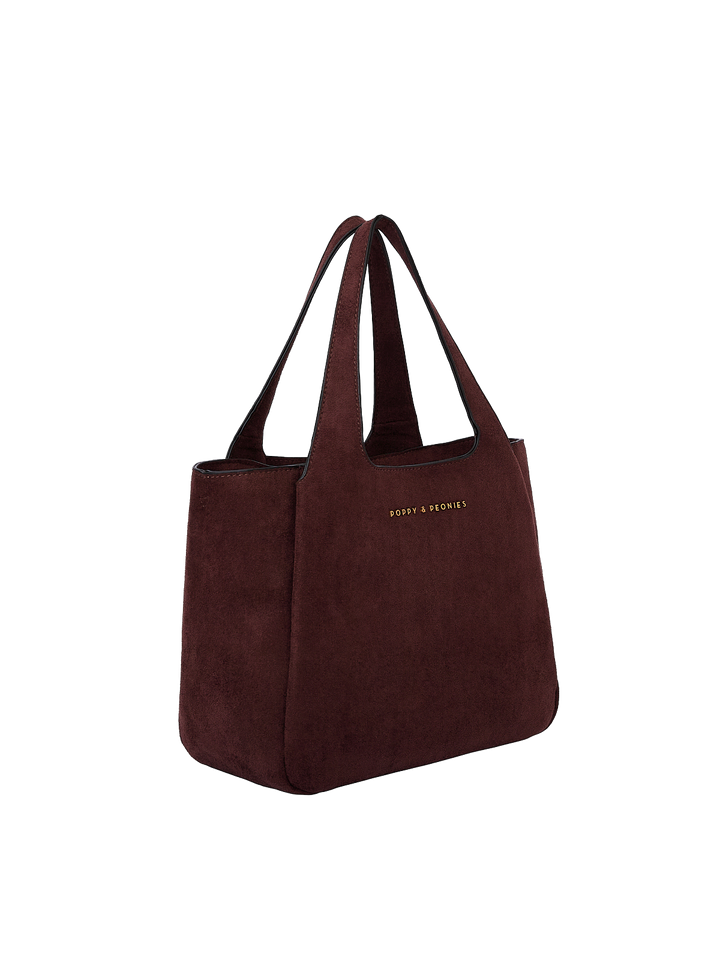 Poppy & Peonies The Pick Me Up Tote in Espresso Suede angled side view, highlighting the structured shape, roomy profile and top handles.