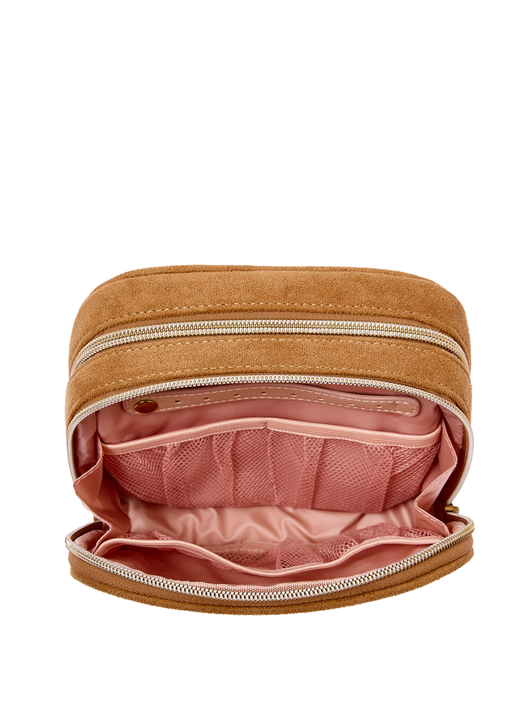 Poppy & Peonies Pretty Connected Case in Cognac Suede open interior view, showcasing blush-pink lining and multiple organizational pockets.