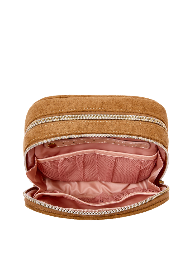 Poppy & Peonies Pretty Connected Case in Cognac Suede open interior view, showcasing blush-pink lining and multiple organizational pockets.