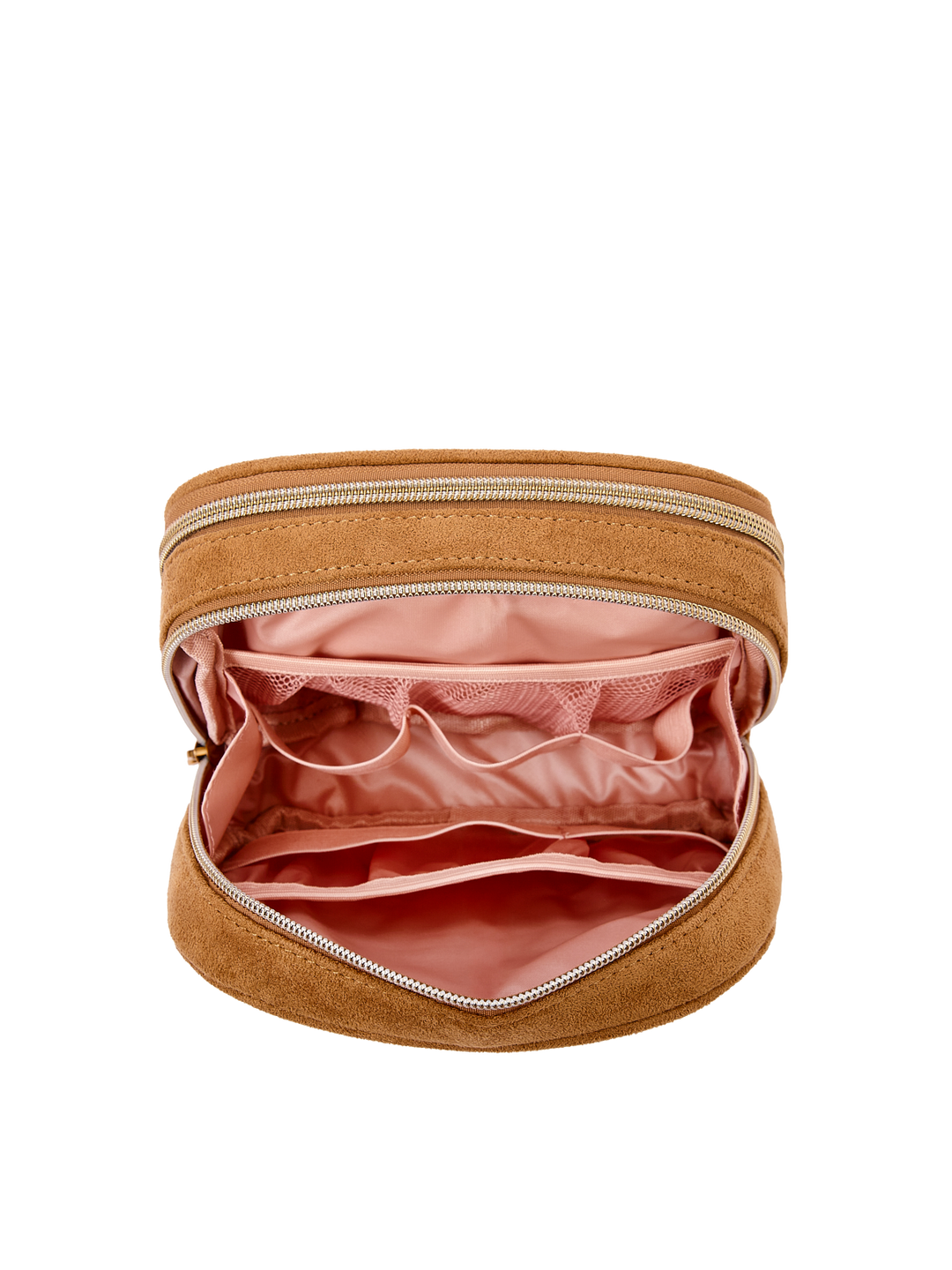Poppy & Peonies Pretty Connected Case in Cognac Suede open compartment view, highlighting the divided blush-pink interior and storage pockets.