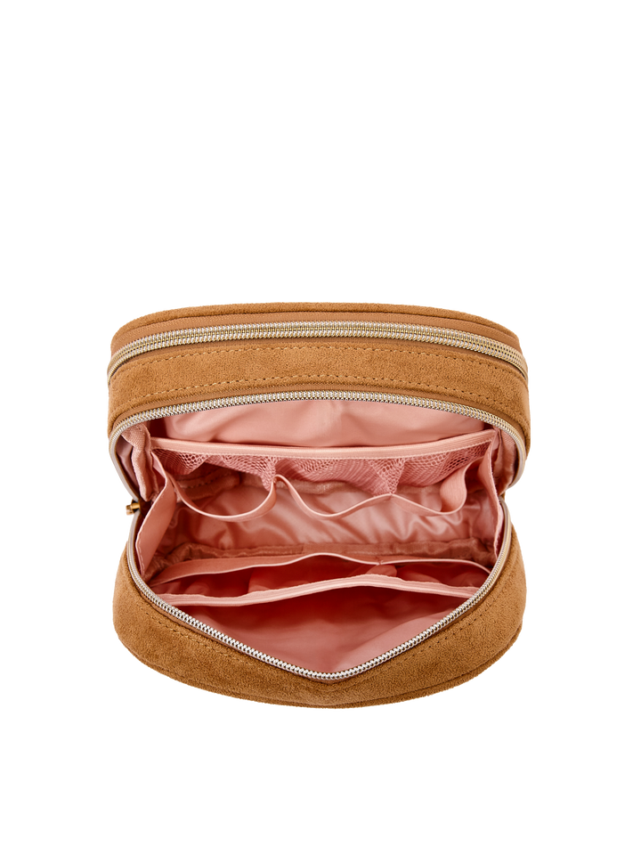 Poppy & Peonies Pretty Connected Case in Cognac Suede open compartment view, highlighting the divided blush-pink interior and storage pockets.
