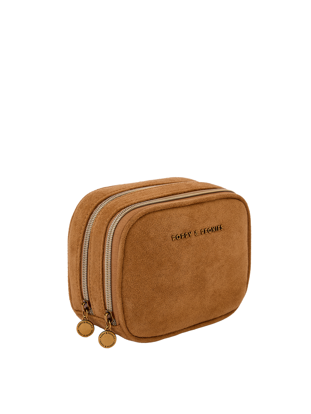 Poppy & Peonies Pretty Connected Case in Cognac Suede angled side view, highlighting the double-zip design, structured silhouette and gold-tone hardware.