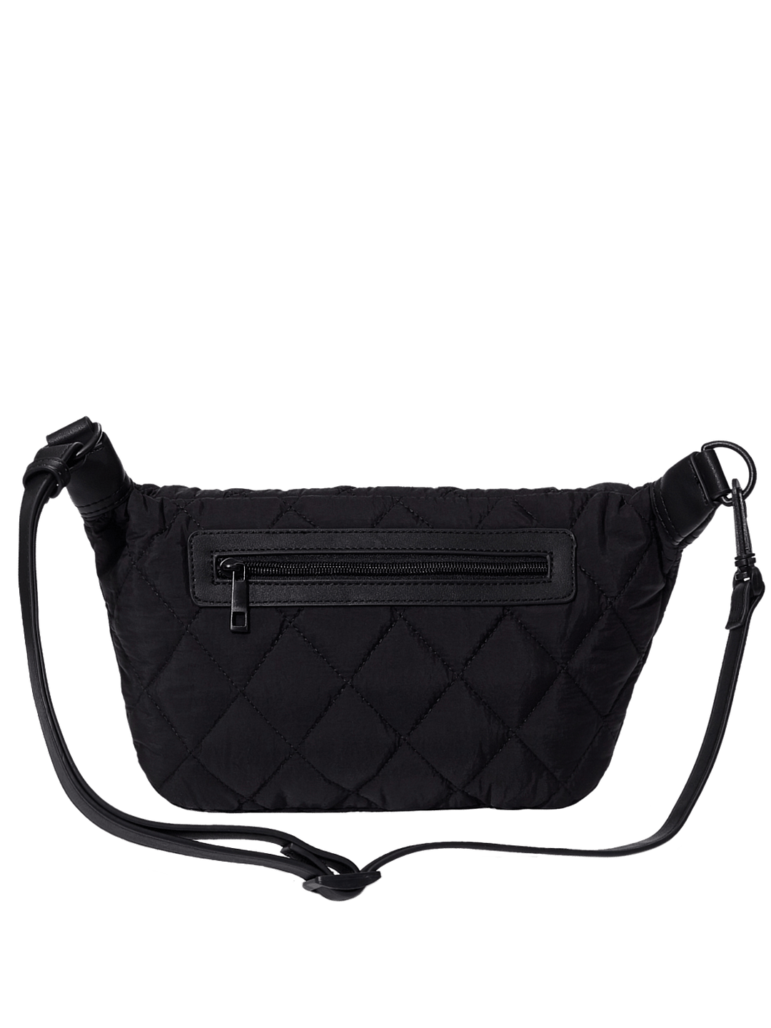 Black quilted crossbody bag on a transparent background