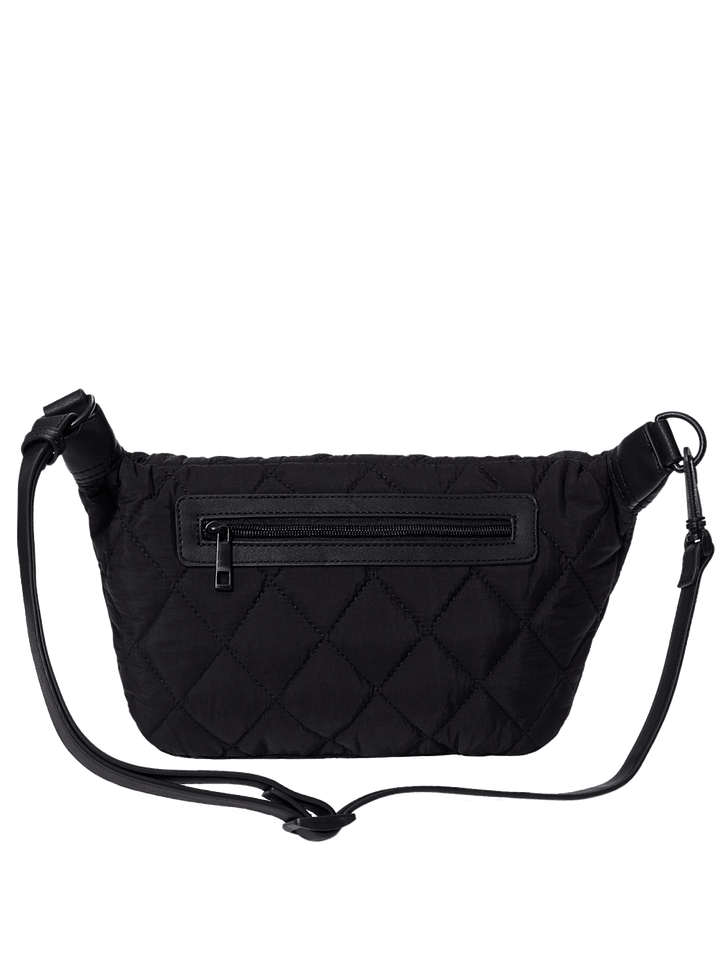 Black quilted crossbody bag on a transparent background