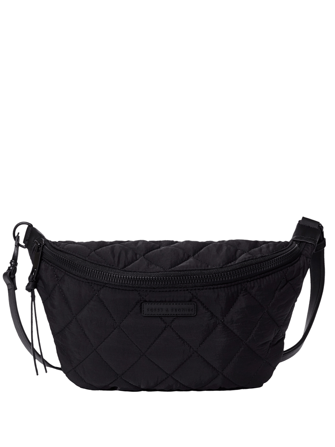 Black quilted crossbody bag on a transparent background
