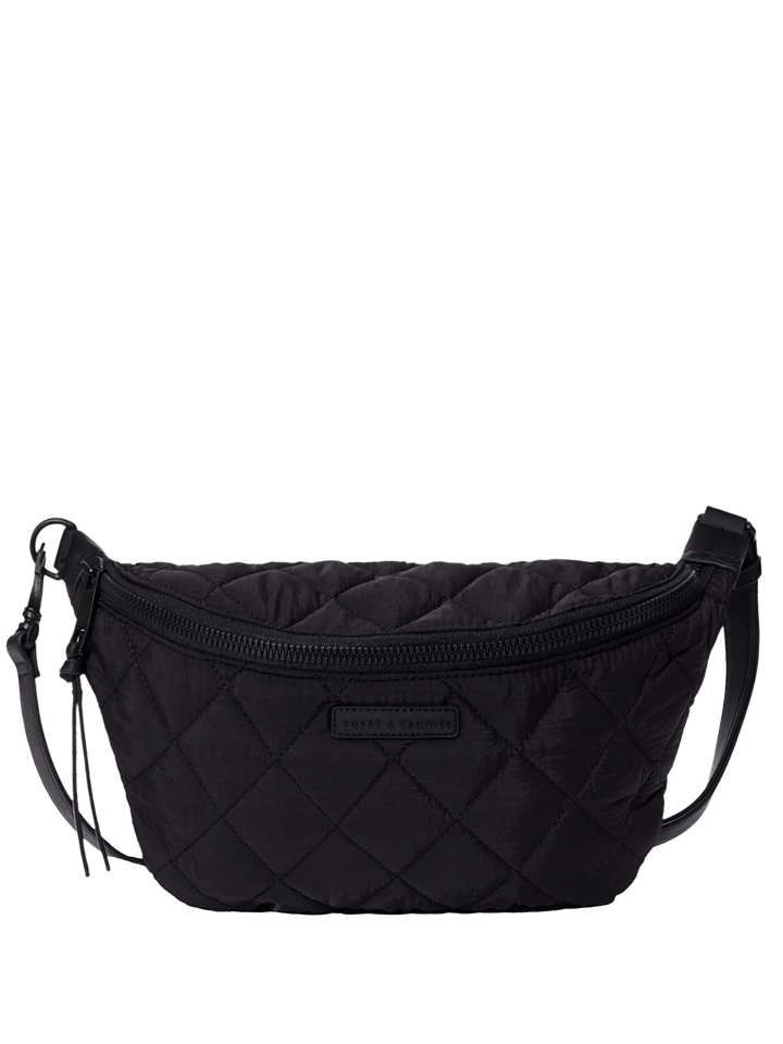 Black quilted crossbody bag on a transparent background