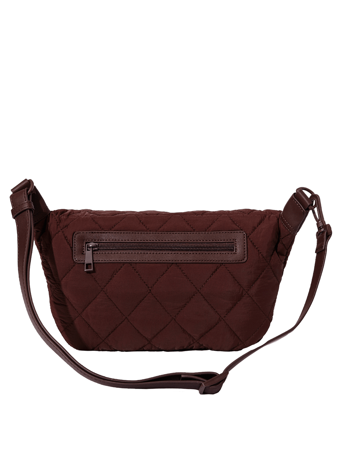 Brown quilted crossbody bag on a transparent background