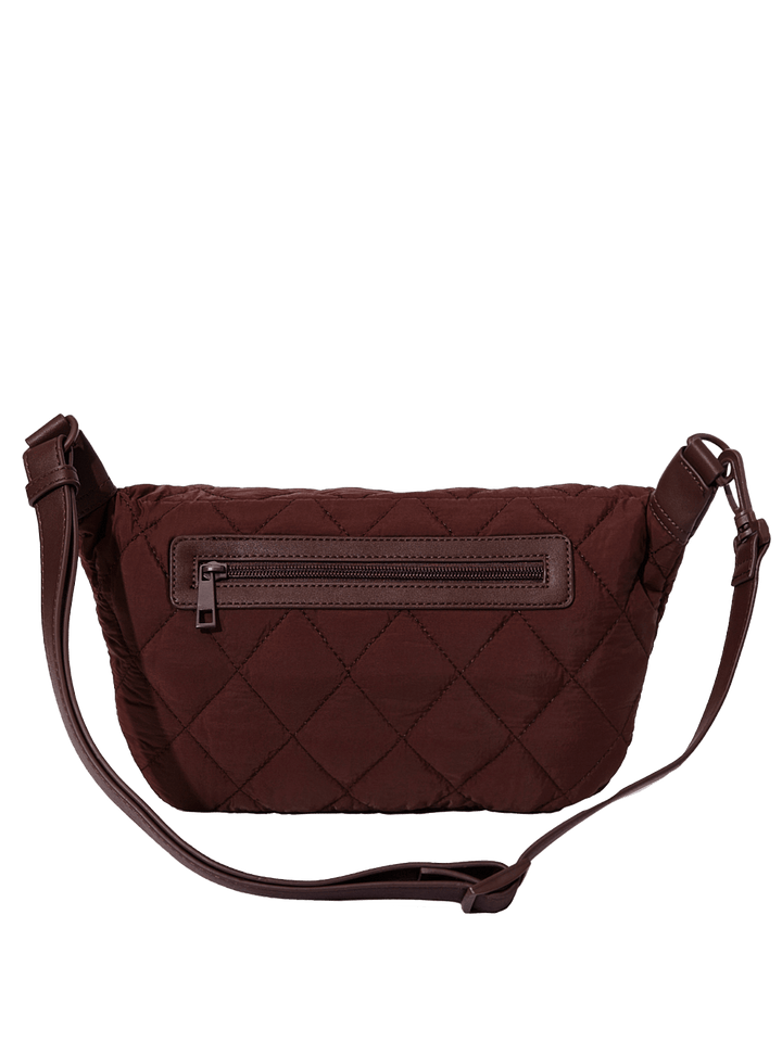 Brown quilted crossbody bag on a transparent background