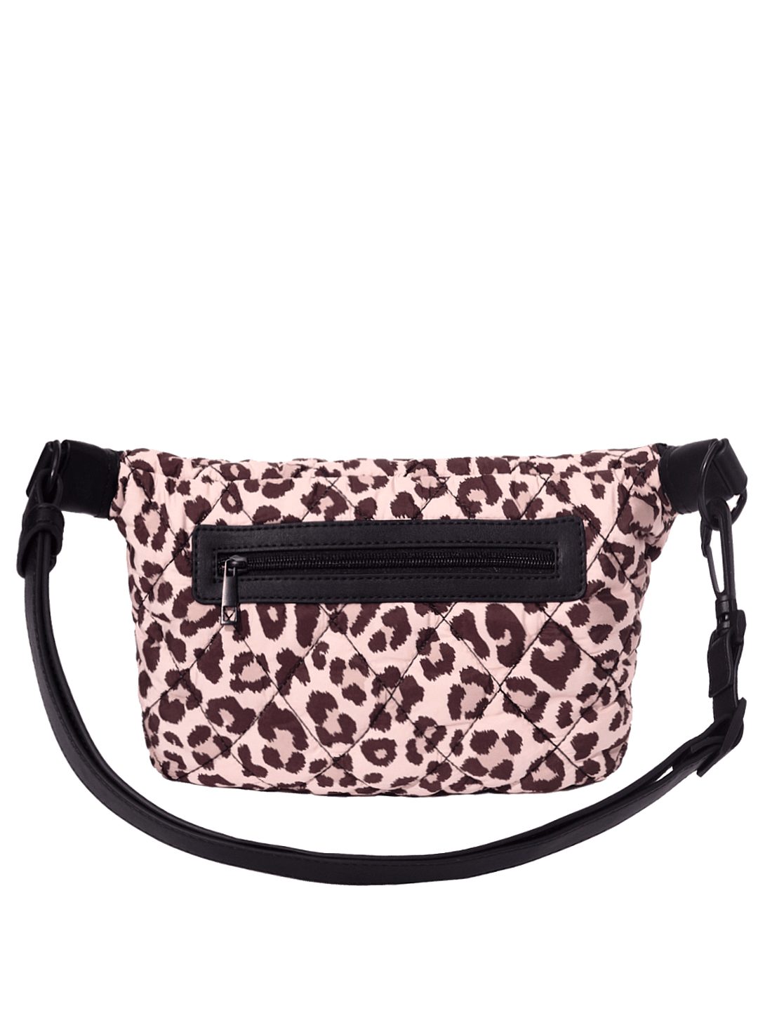 Leopard print crossbody bag with a black strap on a transparent background