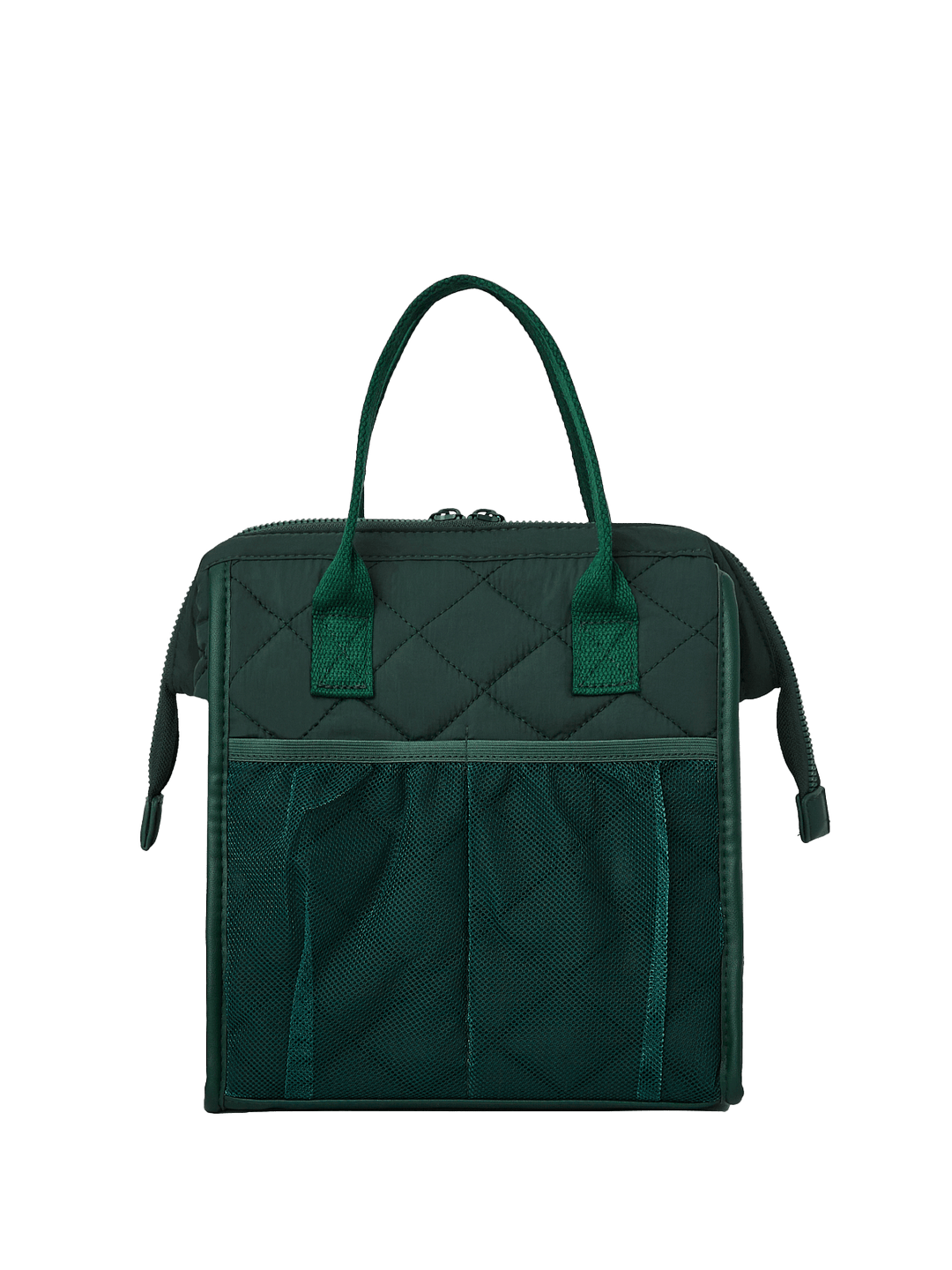 Green quilted lunch bag with mesh pockets