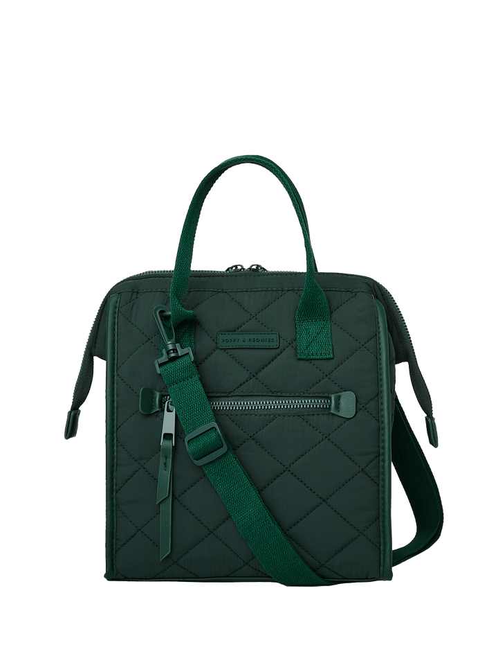 Green quilted lunch bag with matching strap on a transparent background