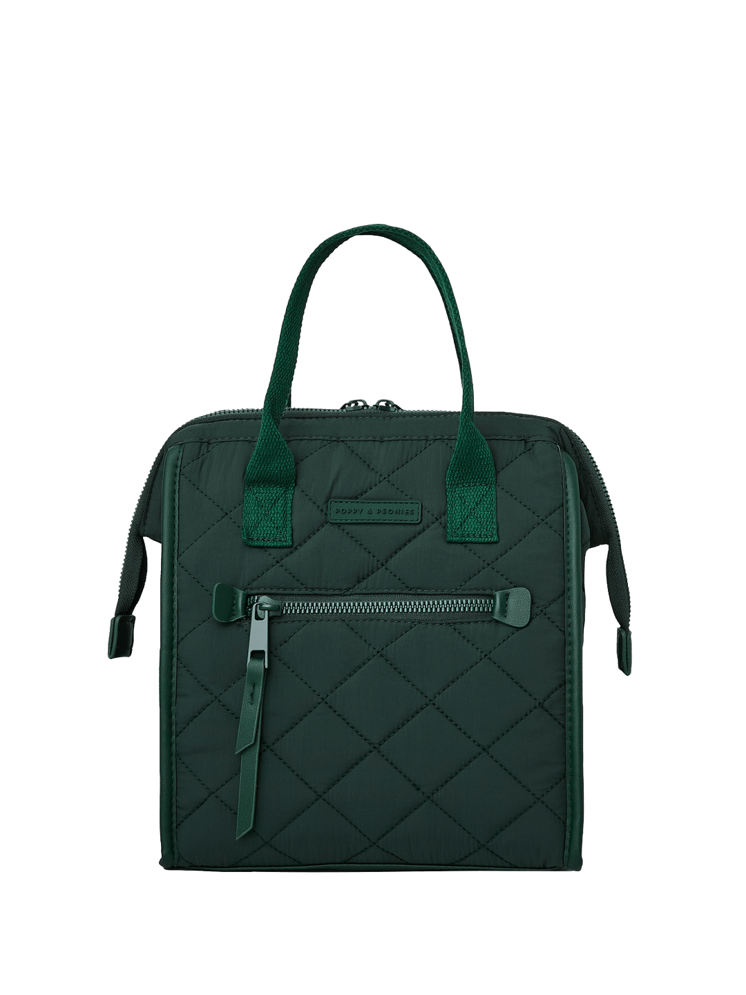 Green quilted lunch bag with green straps on a transparent background