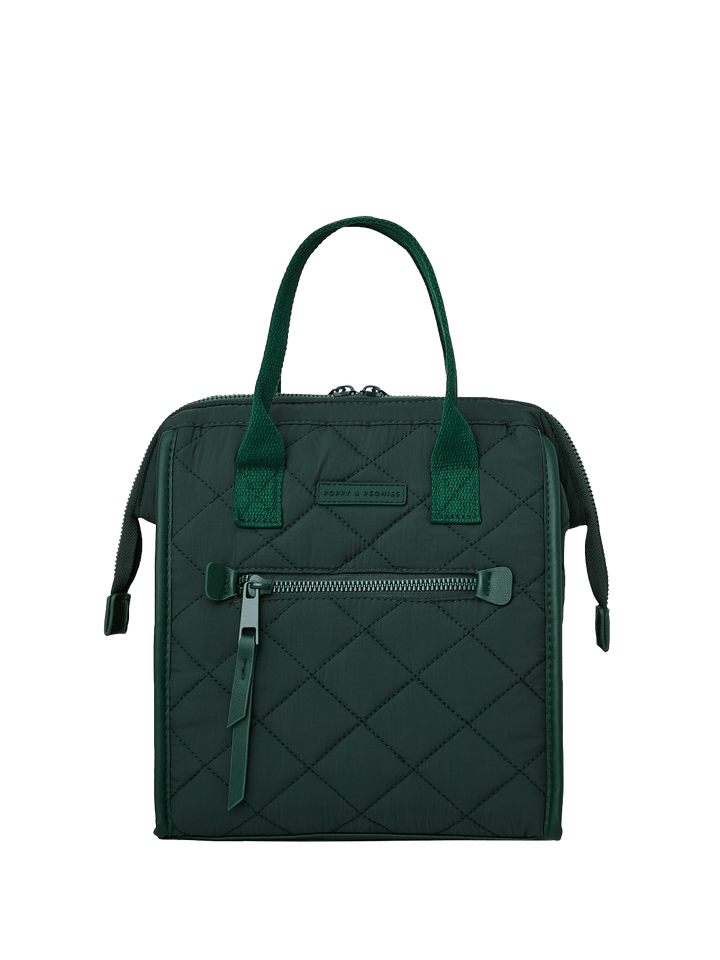 Green quilted lunch bag with green straps on a transparent background