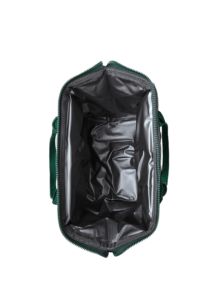Green lunch bag with open front compartment on a transparent background