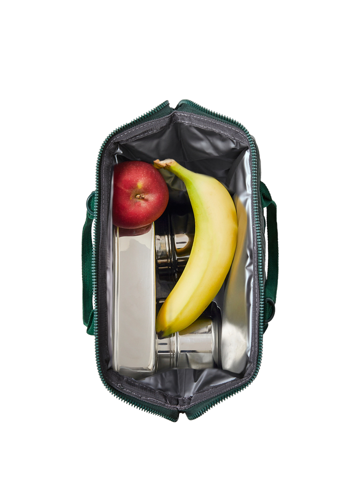 Insulated quilted green lunch bag with an apple, banana, and thermos on a white background