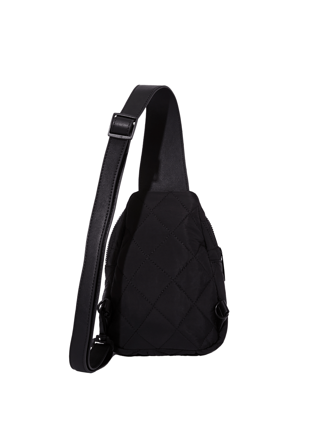 Black quilted sling bag on a transparent background