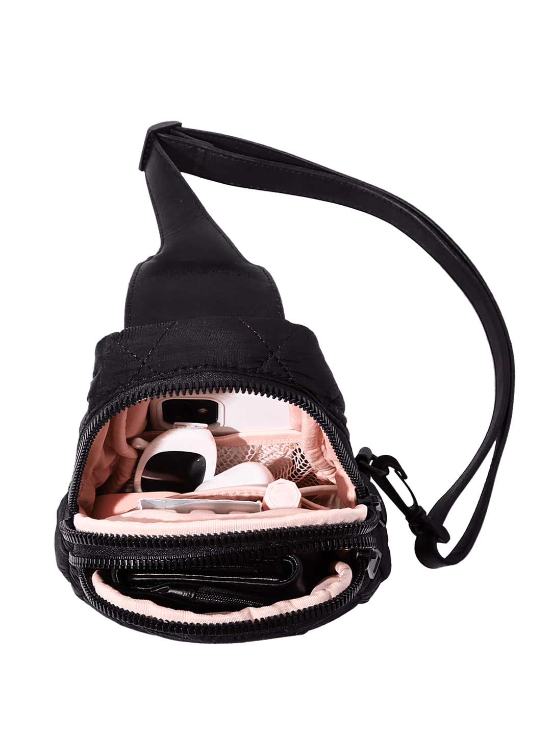 Interior of a quilted black sling bag