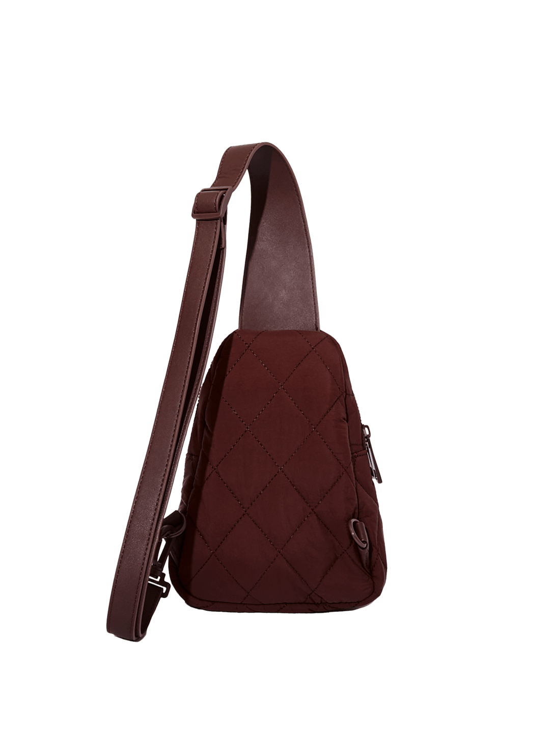 Brown quilted sling bag on a transparent background
