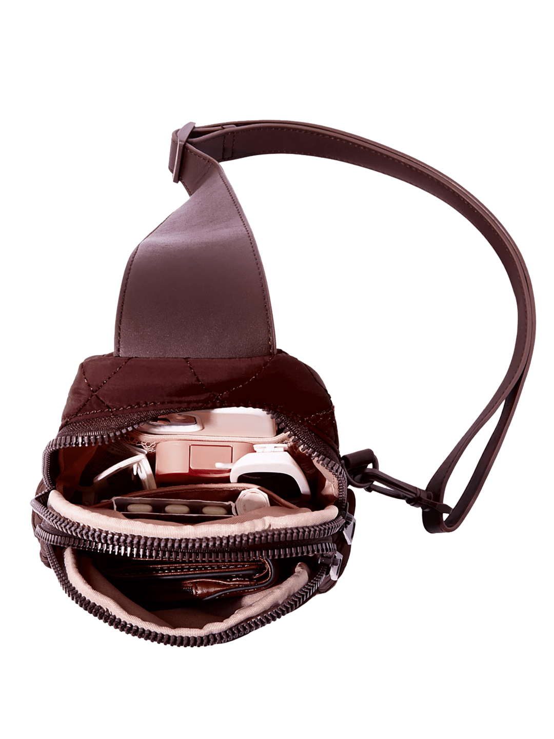 Brown leather pouch with a zipper on a transparent background