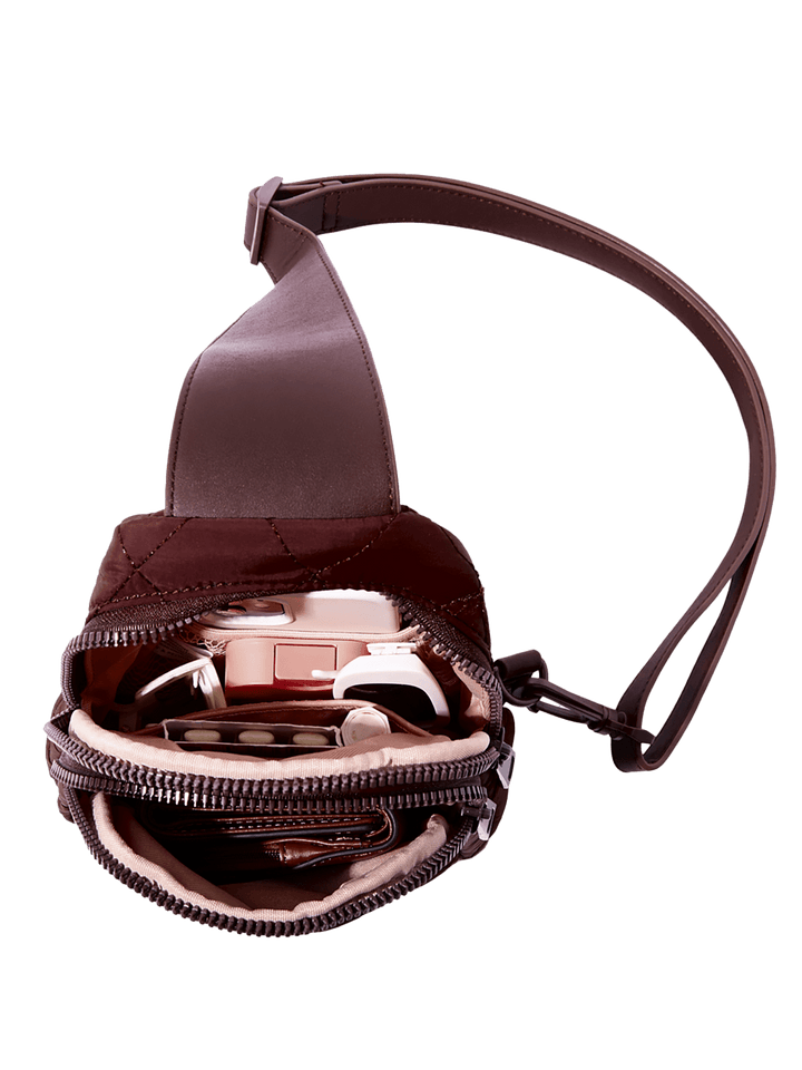 Brown leather pouch with a zipper on a transparent background