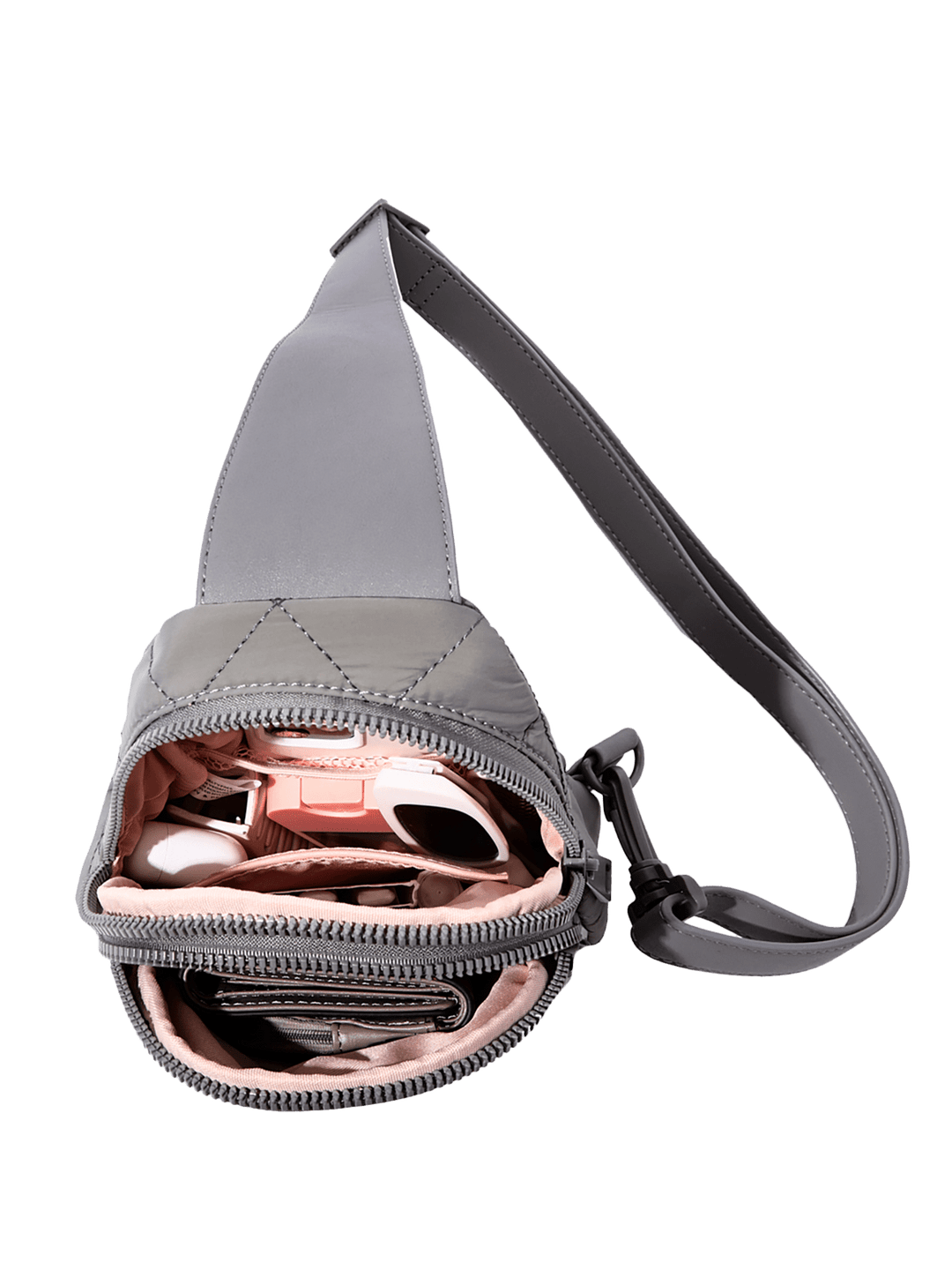 Grey crossbody bag with a strap on a transparent background