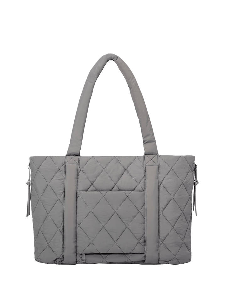 Grey quilted tote bag on a transparent background