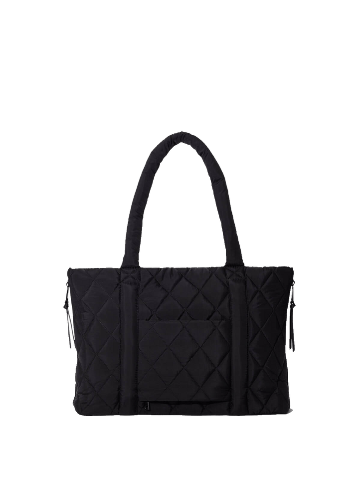 Black quilted handbag on a transparent background