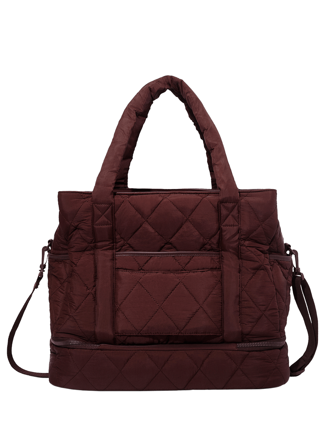 Brown quilted travel bag with a shoulder strap