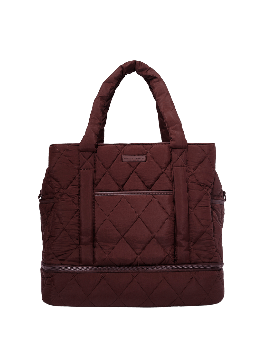 Quilted brown travel bag on a transparent background