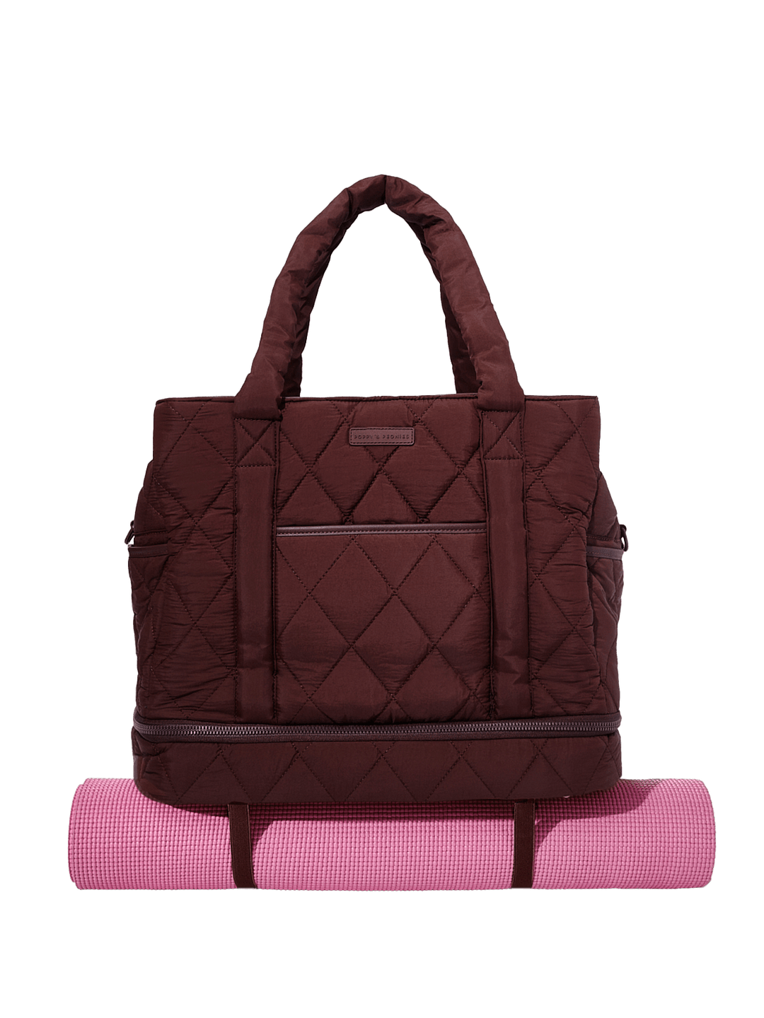 Quilted brown bag with a pink yoga mat on a transparent background