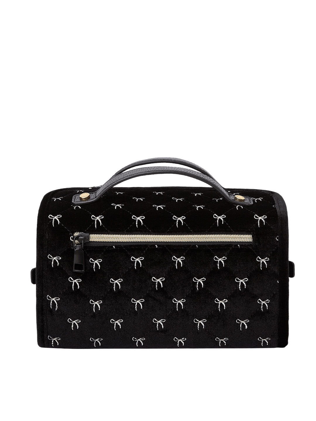 Poppy and Peonies The Glam Squad Cosmetic Case Black Velvet displayed from the back, featuring its soft black velvet exterior with delicate white bow patterns, structured rectangular silhouette, dual top handles, horizontal zippered pocket, and gold-tone hardware.